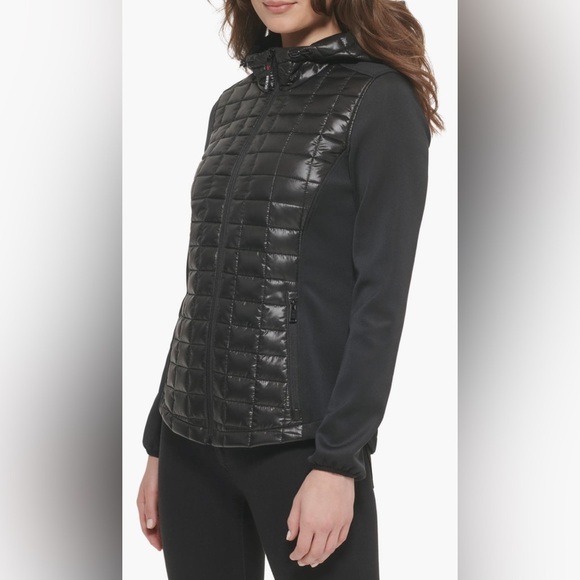 Guess Quilted Cire Scuba Mix Zip Hoodie In Black/size M - Picture 4 of 5